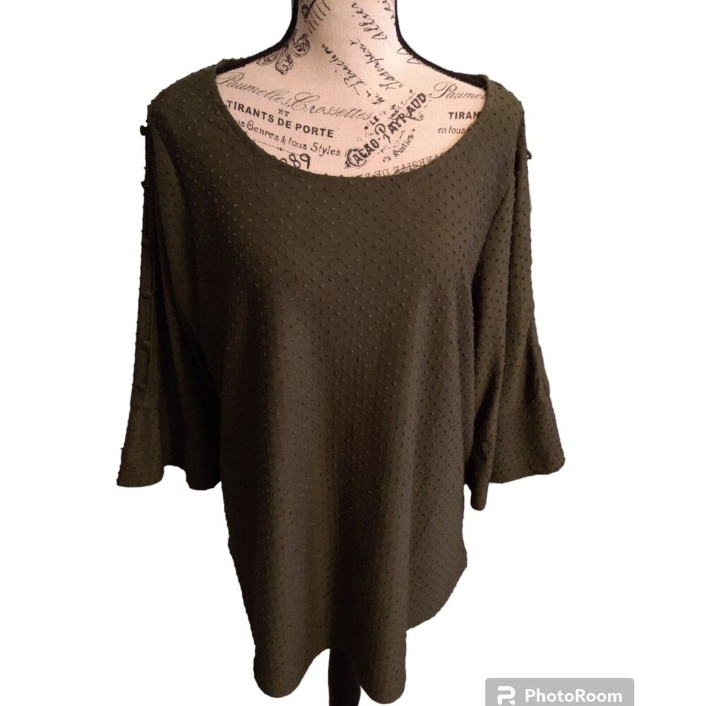 Rose & olive flared peek hole sleeve Top 1x Boho Peasant  olive green
